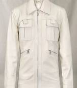 Men's off white lambskin leather coat blazer 2 flap pocket &diagonal zipper detail