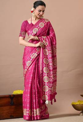 magenta zari woven stripes printed cotton silk,silk blend saree with unstitched blouse piece 2
