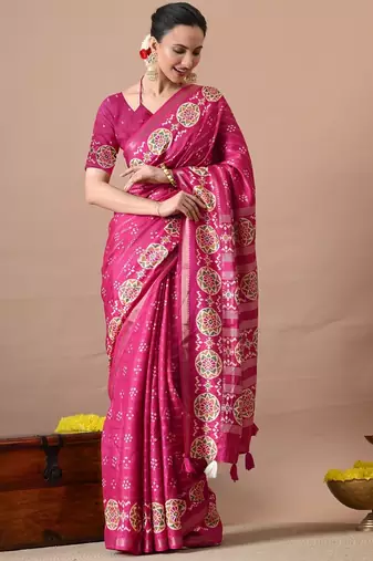 magenta zari woven stripes printed cotton silk,silk blend saree with unstitched blouse piece
