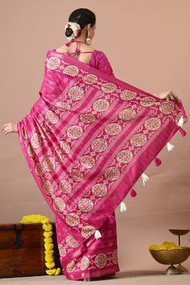 magenta zari woven stripes printed cotton silk,silk blend saree with unstitched blouse piece 3