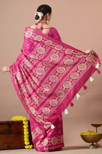 magenta zari woven stripes printed cotton silk,silk blend saree with unstitched blouse piece