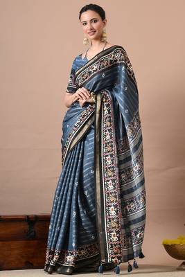blue zari woven stripes printed cotton silk,silk blend saree with unstitched blouse piece 1