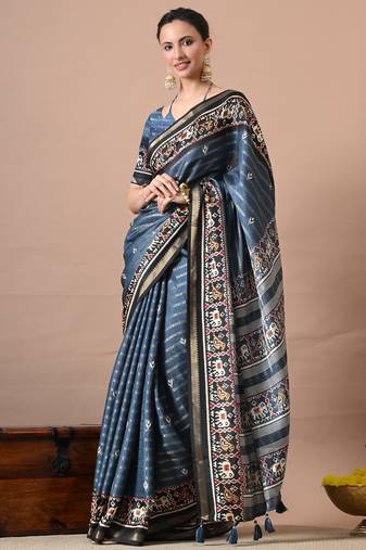 blue zari woven stripes printed cotton silk,silk blend saree with unstitched blouse piece
