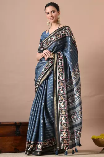 blue zari woven stripes printed cotton silk,silk blend saree with unstitched blouse piece