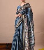 blue zari woven stripes printed cotton silk,silk blend saree with unstitched blouse piece