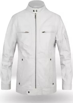 Men's white lambskin leather jacket muiltiple zipper & café racer collar  detail 1
