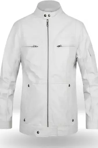 Men's white lambskin leather jacket muiltiple zipper & café racer collar  detail