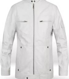 Men's white lambskin leather jacket muiltiple zipper & café racer collar  detail