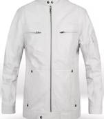 Men's white lambskin leather jacket muiltiple zipper & café racer collar  detail