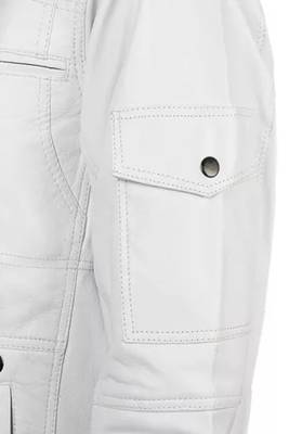 Men's white lambskin leather jacket muiltiple zipper & café racer collar  detail 2