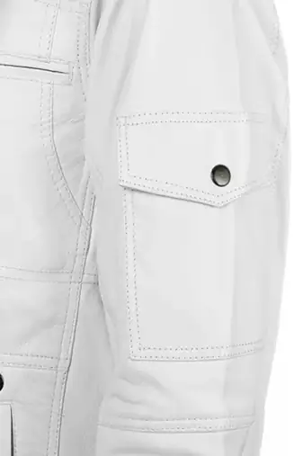 Men's white lambskin leather jacket muiltiple zipper & café racer collar  detail