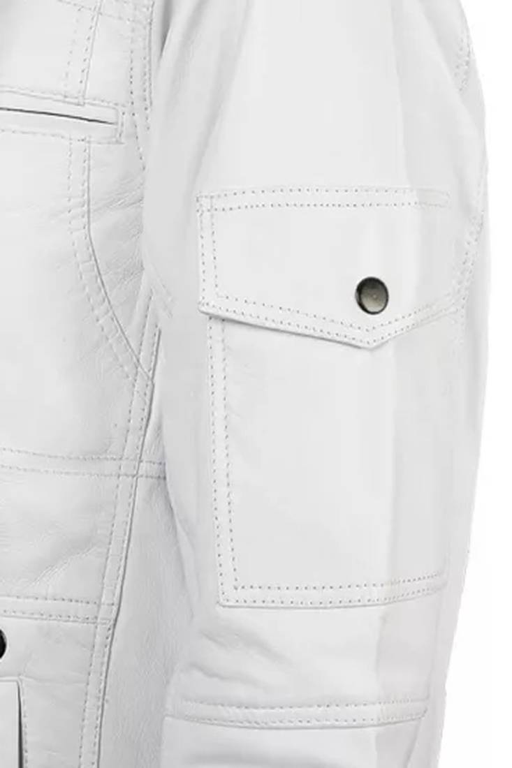Men's white lambskin leather jacket muiltiple zipper & café racer collar  detail