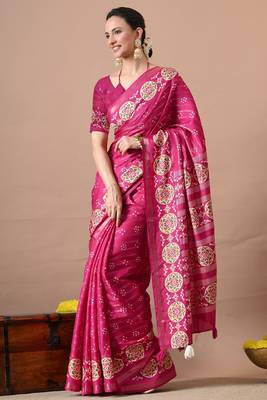 magenta zari woven stripes printed cotton silk,silk blend saree with unstitched blouse piece 4