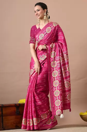 magenta zari woven stripes printed cotton silk,silk blend saree with unstitched blouse piece