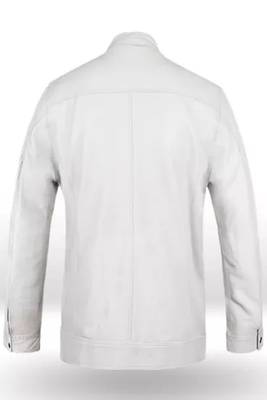 Men's white lambskin leather jacket muiltiple zipper & café racer collar  detail 3