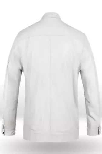 Men's white lambskin leather jacket muiltiple zipper & café racer collar  detail