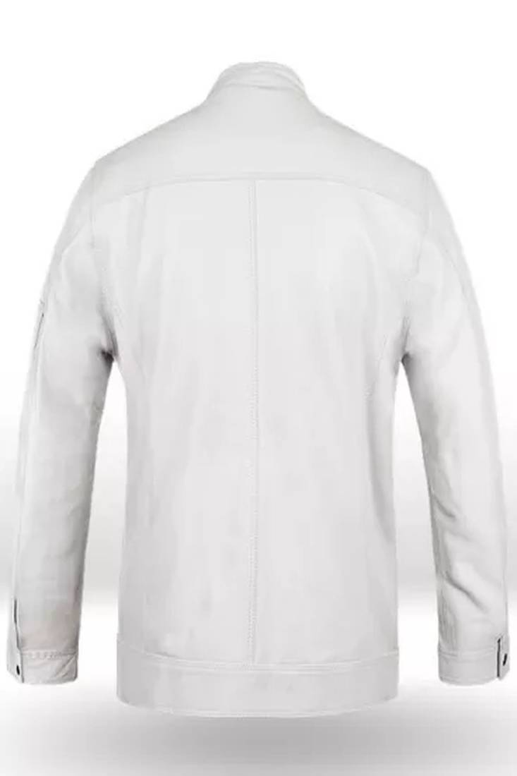 Men's white lambskin leather jacket muiltiple zipper & café racer collar  detail