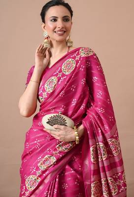 magenta zari woven stripes printed cotton silk,silk blend saree with unstitched blouse piece 5
