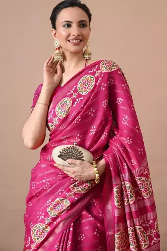 magenta zari woven stripes printed cotton silk,silk blend saree with unstitched blouse piece