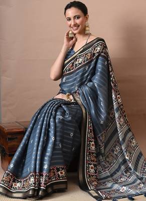 blue zari woven stripes printed cotton silk,silk blend saree with unstitched blouse piece 2