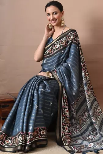 blue zari woven stripes printed cotton silk,silk blend saree with unstitched blouse piece