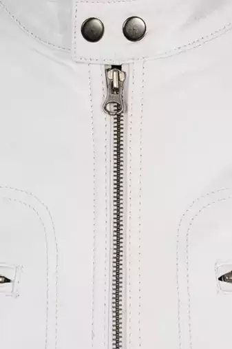 Men's white lambskin leather jacket muiltiple zipper & café racer collar  detail