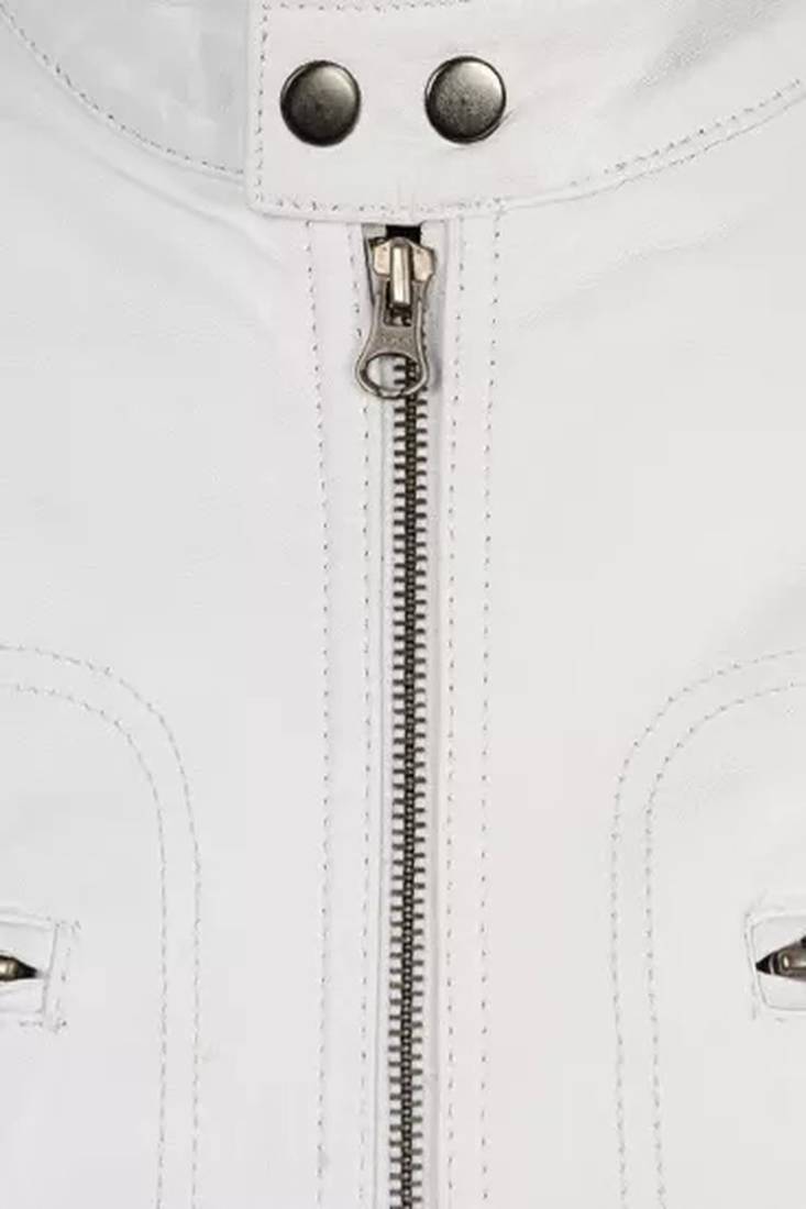 Men's white lambskin leather jacket muiltiple zipper & café racer collar  detail