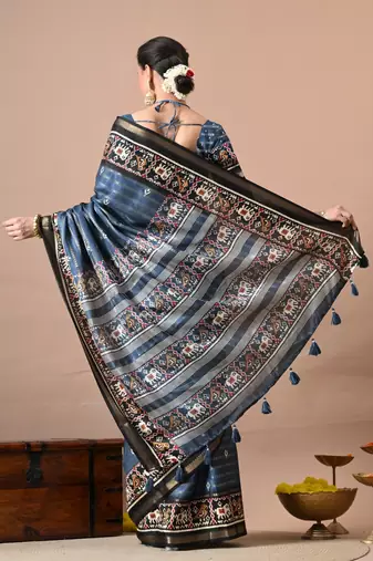 blue zari woven stripes printed cotton silk,silk blend saree with unstitched blouse piece