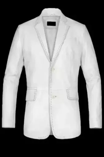Men's white  lambskin leather blazer coat 2 flap pocket  & button detail