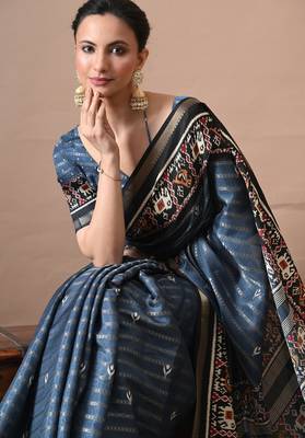 blue zari woven stripes printed cotton silk,silk blend saree with unstitched blouse piece 4
