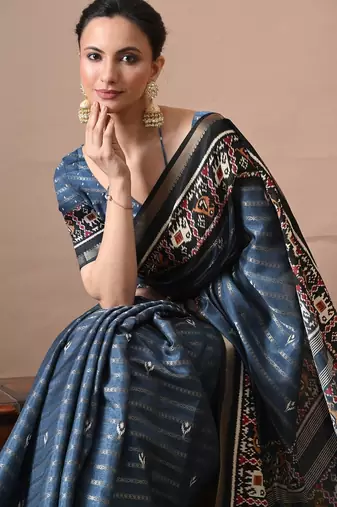 blue zari woven stripes printed cotton silk,silk blend saree with unstitched blouse piece