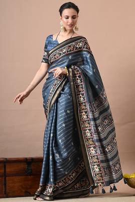 blue zari woven stripes printed cotton silk,silk blend saree with unstitched blouse piece 5
