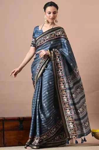 blue zari woven stripes printed cotton silk,silk blend saree with unstitched blouse piece