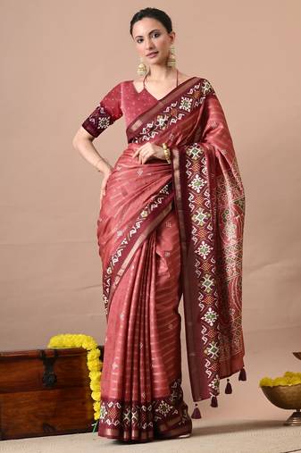 Coral zari woven stripes printed cotton silk blend  saree with unstitched blouse piece