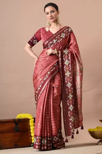 Coral zari woven stripes printed cotton silk blend  saree with unstitched blouse piece