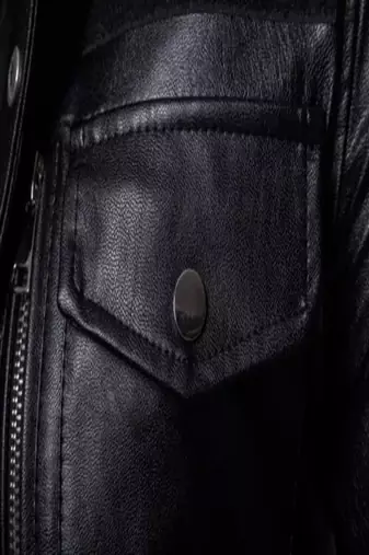 Men's shine  black lambskin leather coat 2 envelope zipper pocket & snap button detail