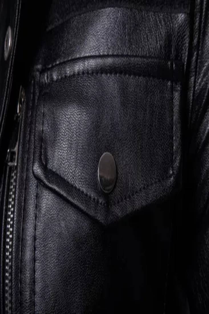 Men's shine  black lambskin leather coat 2 envelope zipper pocket & snap button detail