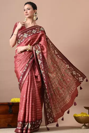 Coral zari woven stripes printed cotton silk blend  saree with unstitched blouse piece