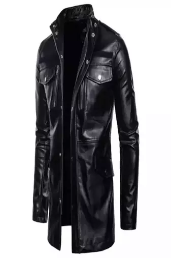 Men's shine  black lambskin leather coat 2 envelope zipper pocket & snap button detail