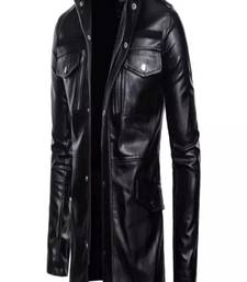 Men's shine  black lambskin leather coat 2 envelope zipper pocket & snap button detail