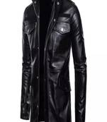 Men's shine  black lambskin leather coat 2 envelope zipper pocket & snap button detail