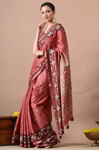 Coral zari woven stripes printed cotton silk blend  saree with unstitched blouse piece