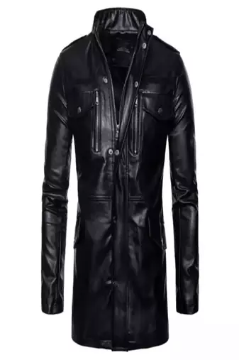 Men's shine  black lambskin leather coat 2 envelope zipper pocket & snap button detail