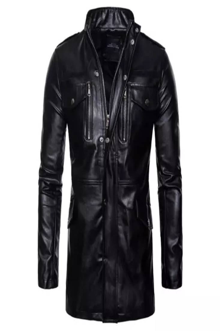 Men's shine  black lambskin leather coat 2 envelope zipper pocket & snap button detail