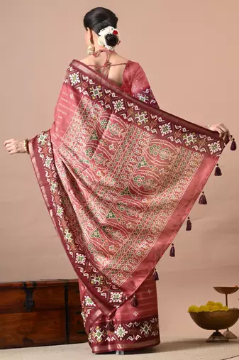 Coral zari woven stripes printed cotton silk blend  saree with unstitched blouse piece