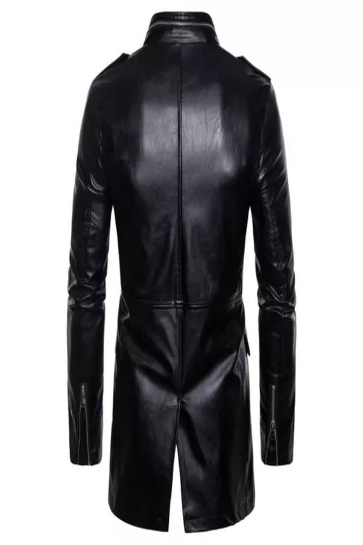 Men's shine  black lambskin leather coat 2 envelope zipper pocket & snap button detail