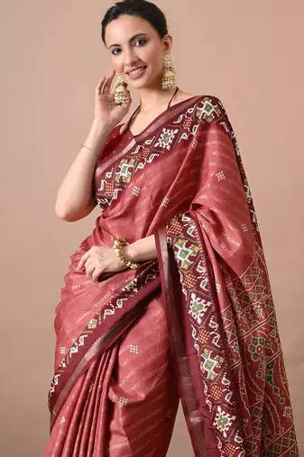 Coral zari woven stripes printed cotton silk blend  saree with unstitched blouse piece