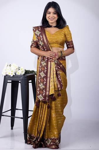 Mustard zari woven stripes printed cotton silk blend  saree with unstitched blouse piece