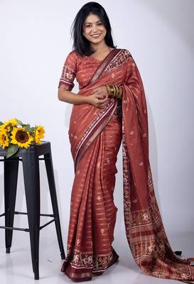 maroon zari woven stripes printed cotton silk,silk blend saree with unstitched blouse piece 1