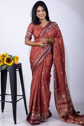 maroon zari woven stripes printed cotton silk,silk blend saree with unstitched blouse piece